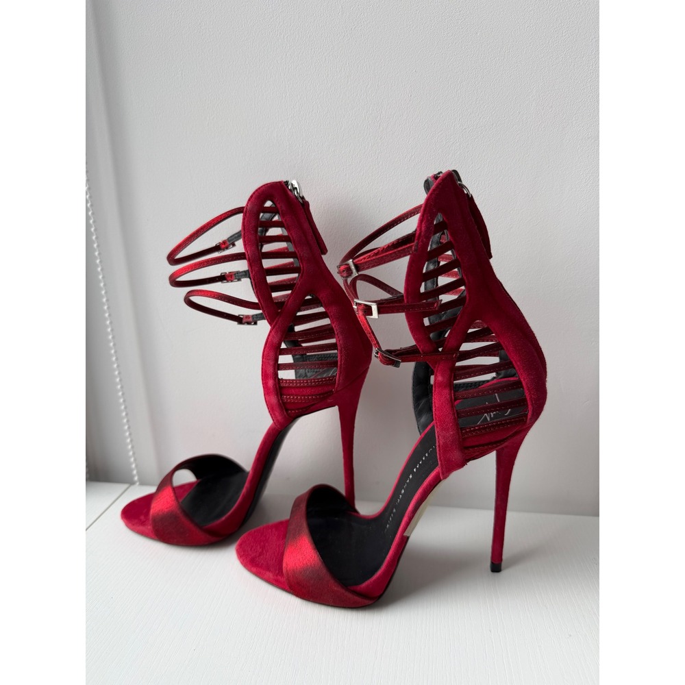 Giuseppe Zanotti Red Suede Metallic Satin Cage Stiletto Sandals Heels Size 38 - Picture 2 of 12
